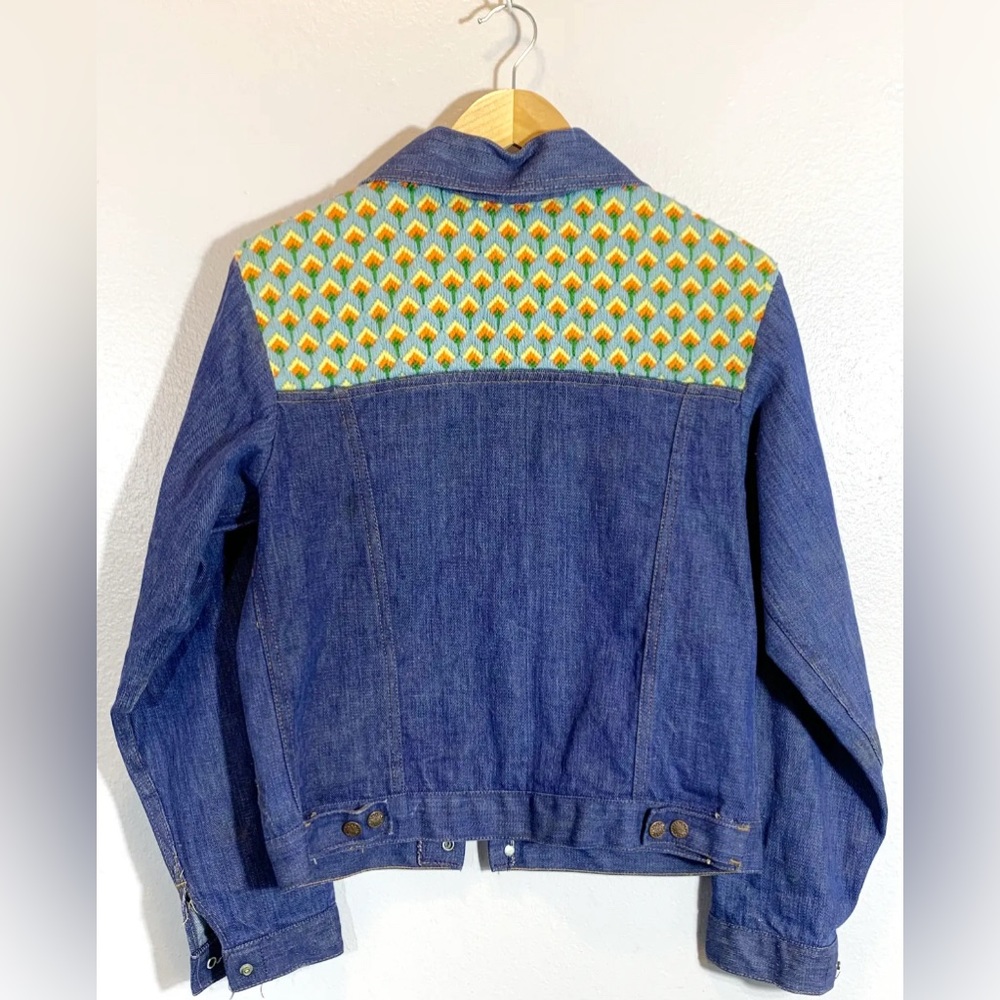 Vintage 70s Needlepoint Embroidery Denim Jacket 34 Screen Door Threads Stowe VT